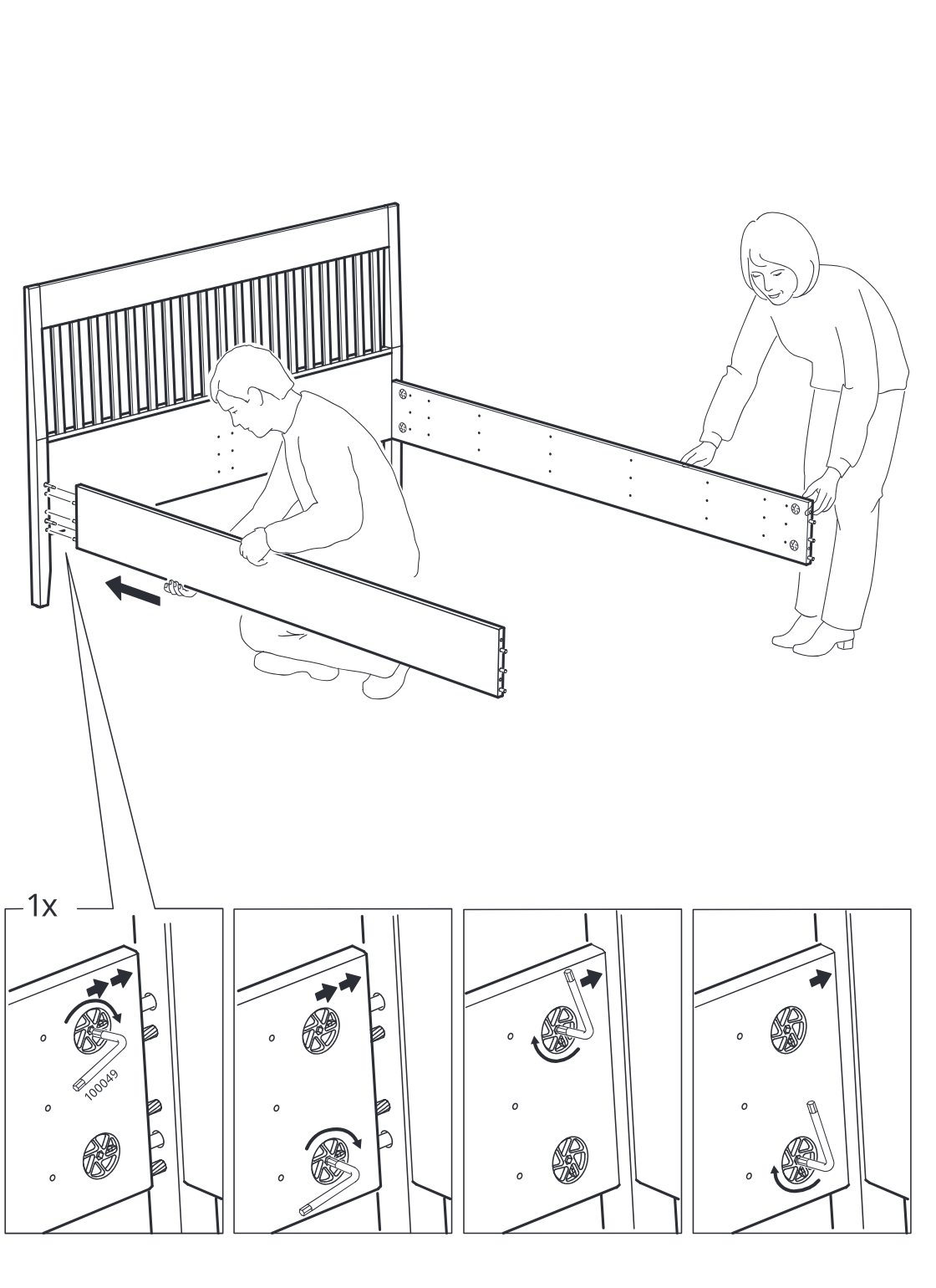 Diagram for step 14: Two people align and slide the side panels into the headboard connectors, then lock the cam fasteners as shown in the four inline tightening diagrams.