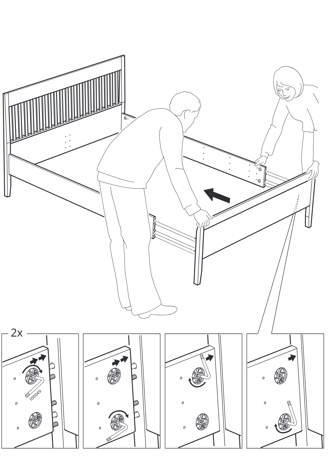Diagram for step 15: Two people slide the bed side assembly into position and secure the cam locks on both sides using the included hex key, repeating the lock sequence 2 times as shown in the four inset panels.
