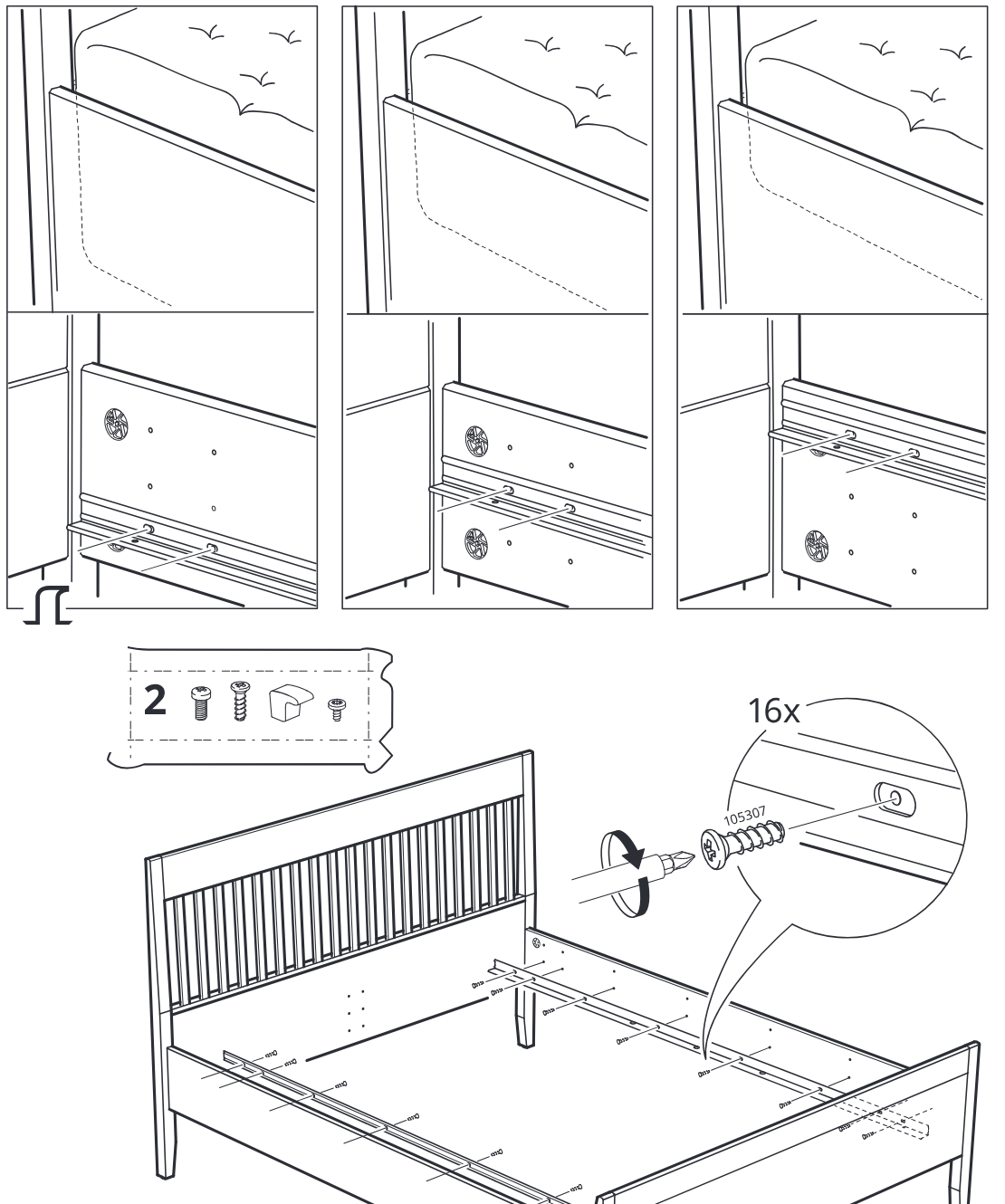 Diagram for step 16: The side rails are aligned and secured to the bed frame with 16 screws, with a zoom callout showing screw 105307 being driven into the rail insert.