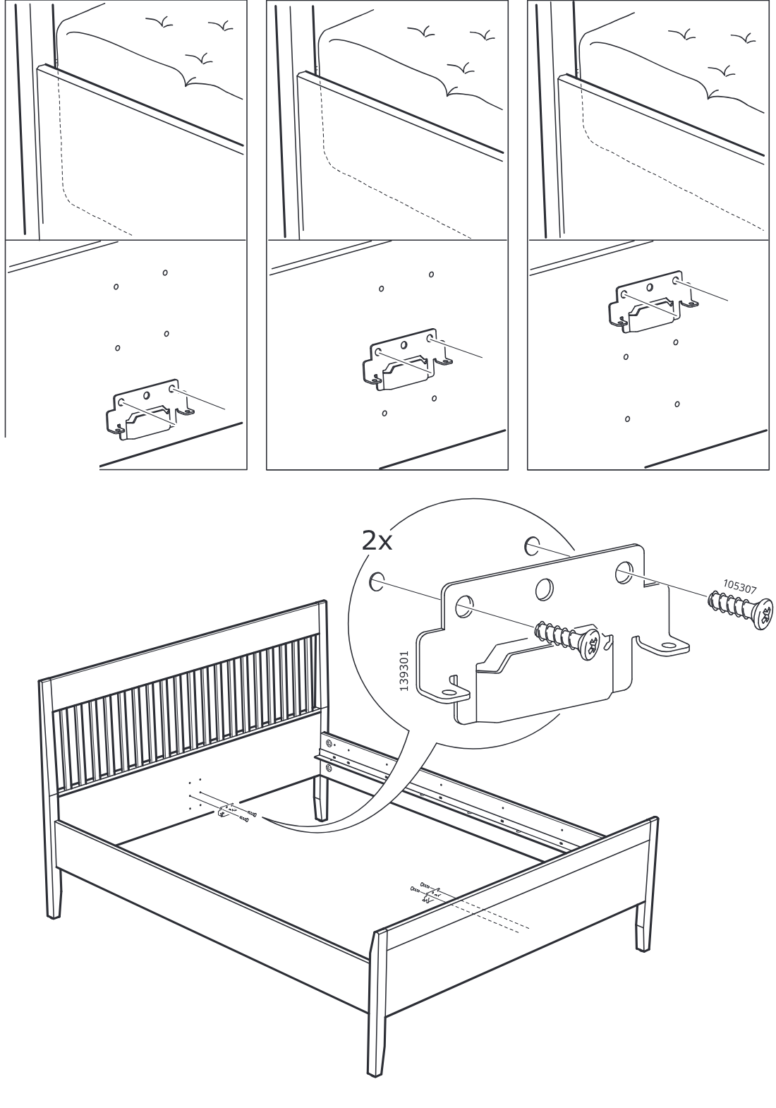 Diagram for step 17: The bracket part 139301 is positioned on the inner side area and fixed using two screws 105307, with the zoom callout showing screw placement details.