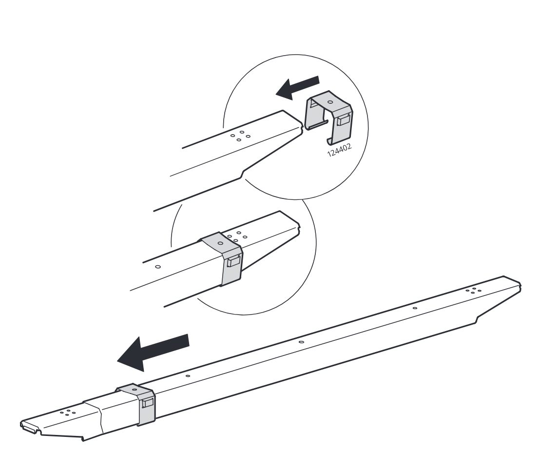 Diagram for step 18: The clip part 124402 is placed onto the rail end and the clip is slid leftward along the rail into position, as shown in the two zoom callouts and the main assembly view.