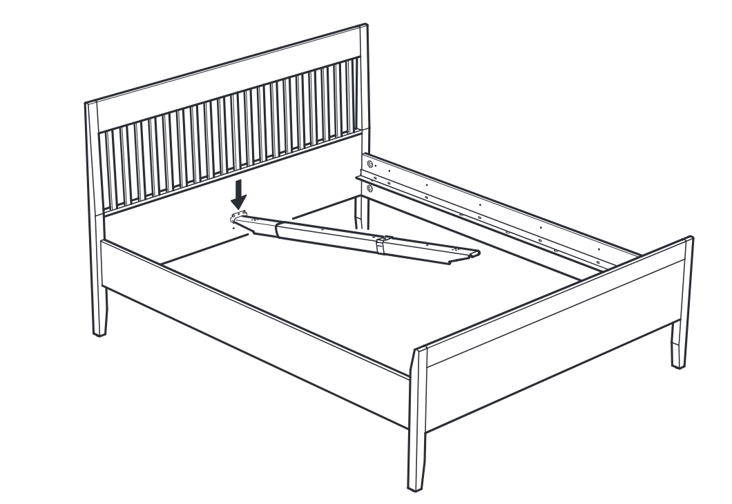 Diagram for step 19: The strap assembly is positioned and connected at the left-side mounting point inside the bed frame.