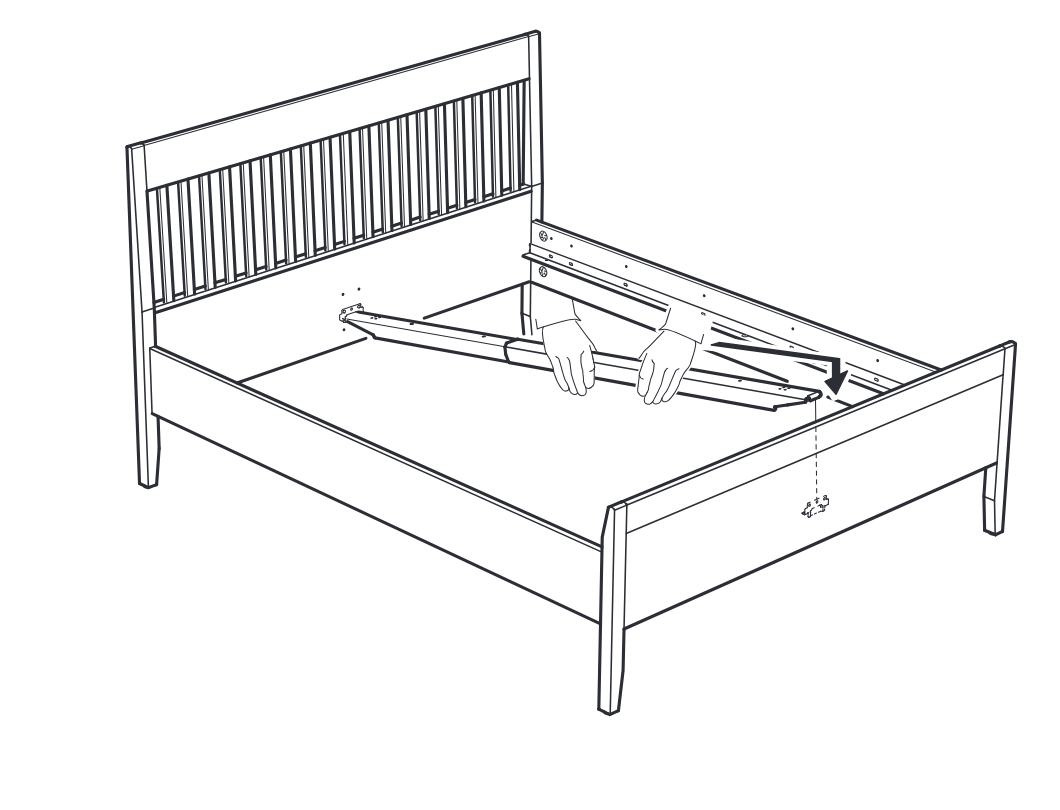 Diagram for step 20: The strap assembly is pulled and routed toward the right side while the small end fitting aligns with and fastens to the footboard area.