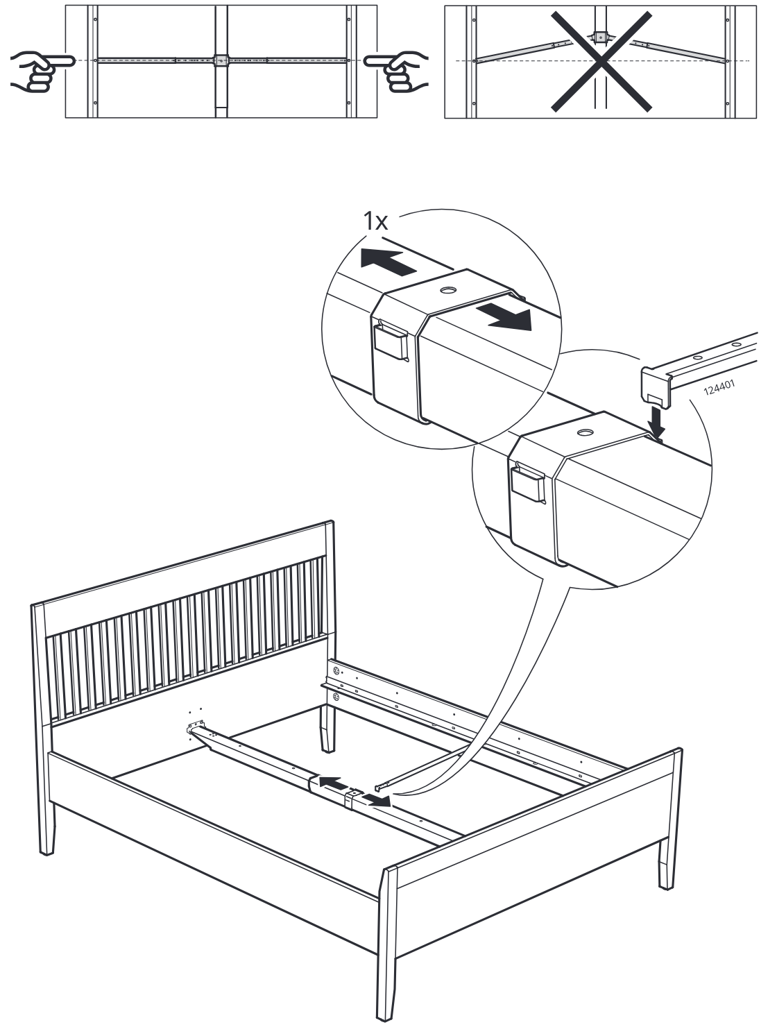 Diagram for step 21: The center support rail is aligned straight and then locked with one 124401 clip onto the rail connection, as shown in the zoom callouts.