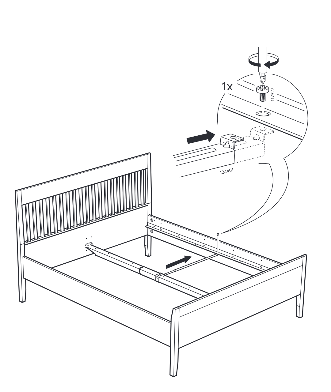 Diagram for step 22: The center support rail is positioned and secured to the bed frame using one screw tightened with a screwdriver, as shown in the zoomed inset.
