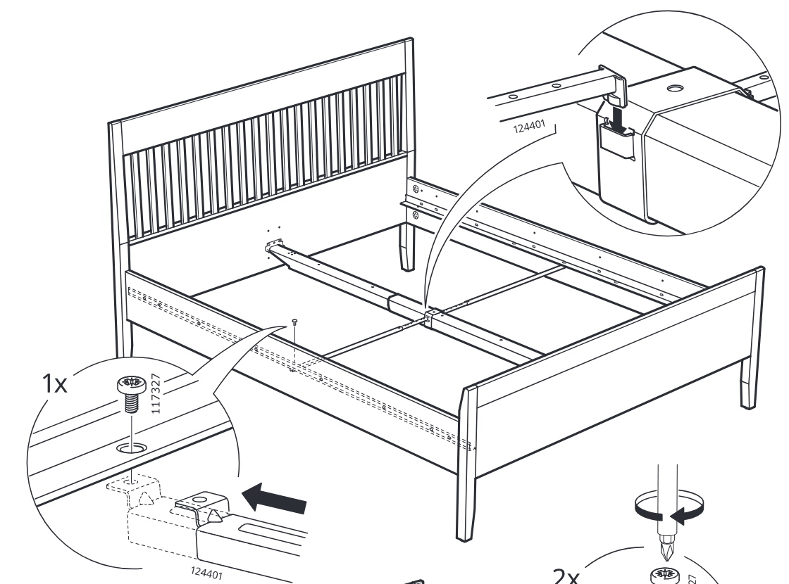Diagram for step 23: Slide the center rail bracket into position on the frame and fasten one screw 117327 through the rail while ensuring the connector 124401 is seated correctly.