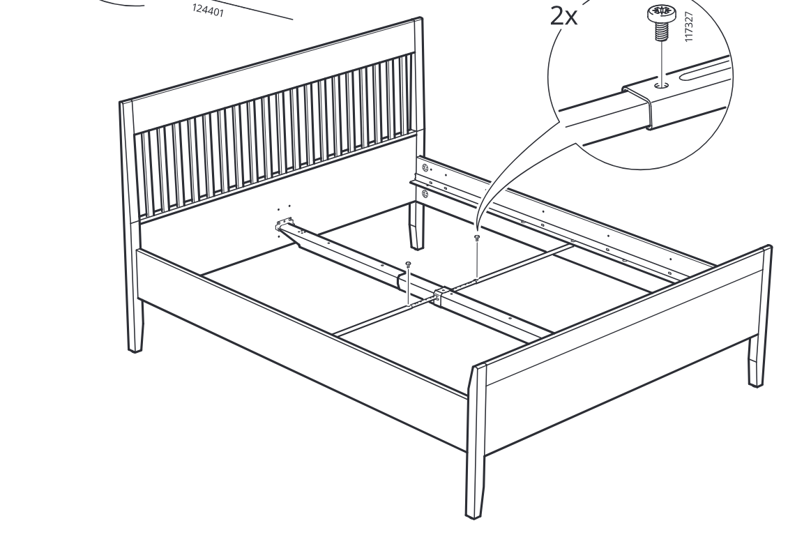 Diagram for step 24: Insert and tighten two screws 117327 into the center rail joint area to secure the rail connection.