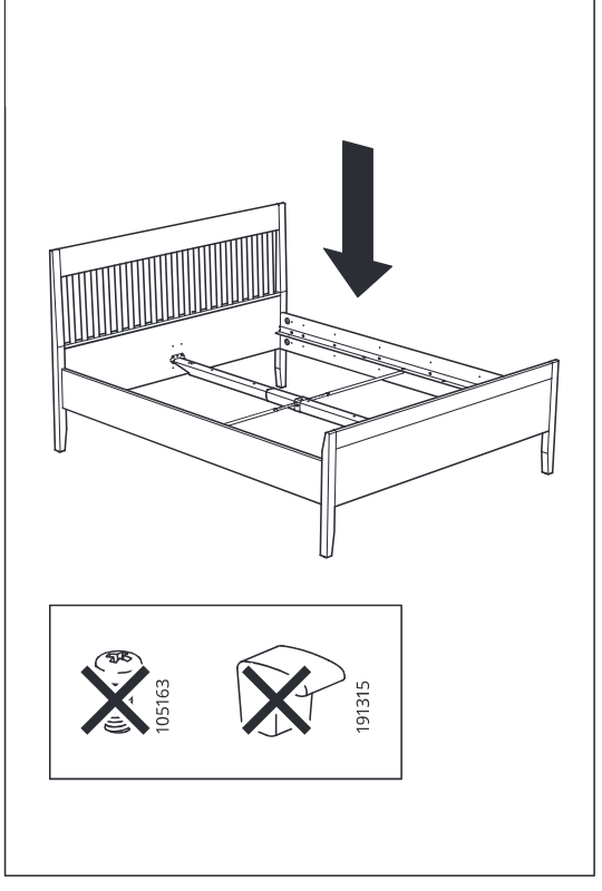 Diagram for step 25: The bed frame is prepared and the slatted base section is placed into the frame, with an inline do-not-use fastener/cap note shown below.