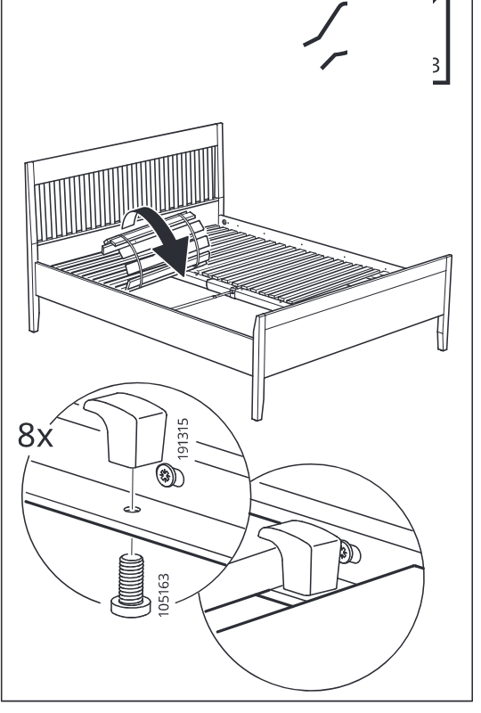 Diagram for step 26: The rolled slats are unrolled across the frame and fixed with eight clips and screws, as detailed in two zoom circles.