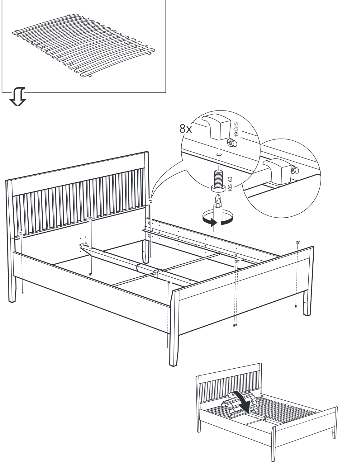 Diagram for step 27: The installer secures eight clips to the bed frame and then places the slatted base sections into the frame.