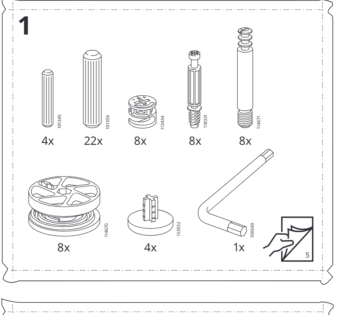 Illustration for assembly note: Parts-bag panel 1 showing hardware items with quantities and part numbers, plus note to use bag 5.