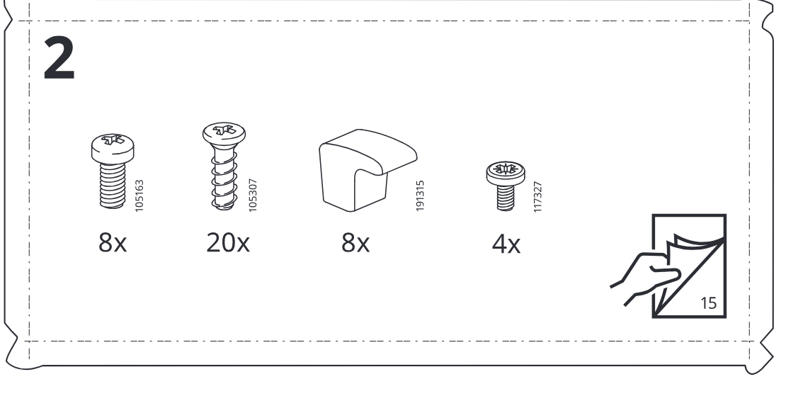 Illustration for assembly note: Parts-bag panel 2 showing hardware items with quantities and part numbers, plus note to use bag 15.