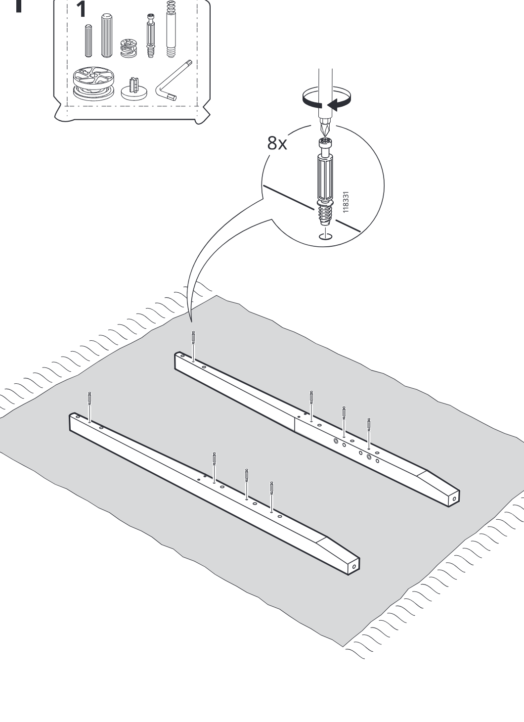 Illustration for assembly note: Parts-bag reference panel for bag 1 shows installing eight 118331 threaded studs with a screwdriver into the two long frame rails placed on a soft surface.