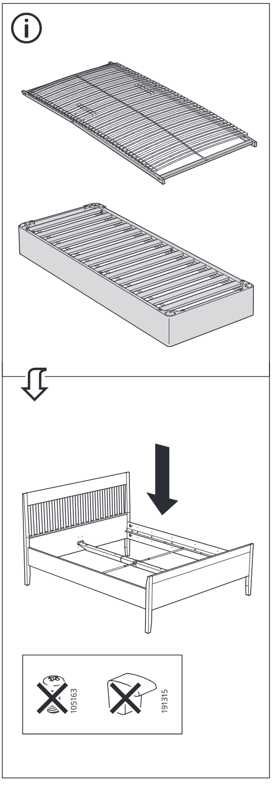 Illustration for assembly note: A standalone circled-i panel shows two alternative slat base configurations and indicates to continue to page 23 for one variant.