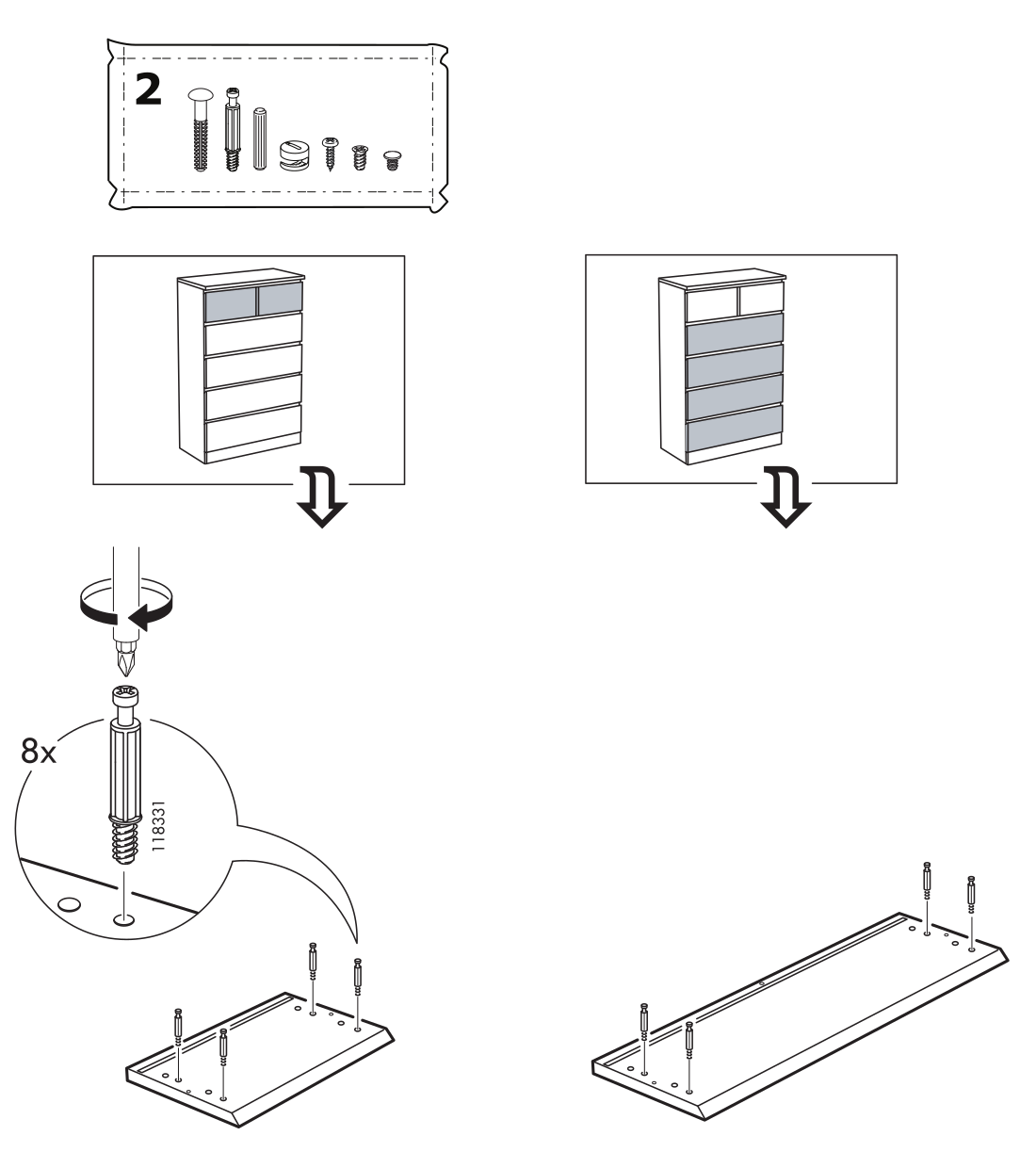 Diagram for step 1: The builder selects the shown drawer configuration, inserts and tightens eight 118331 fasteners into the panel, and repeats the placement shown for the selected configuration.