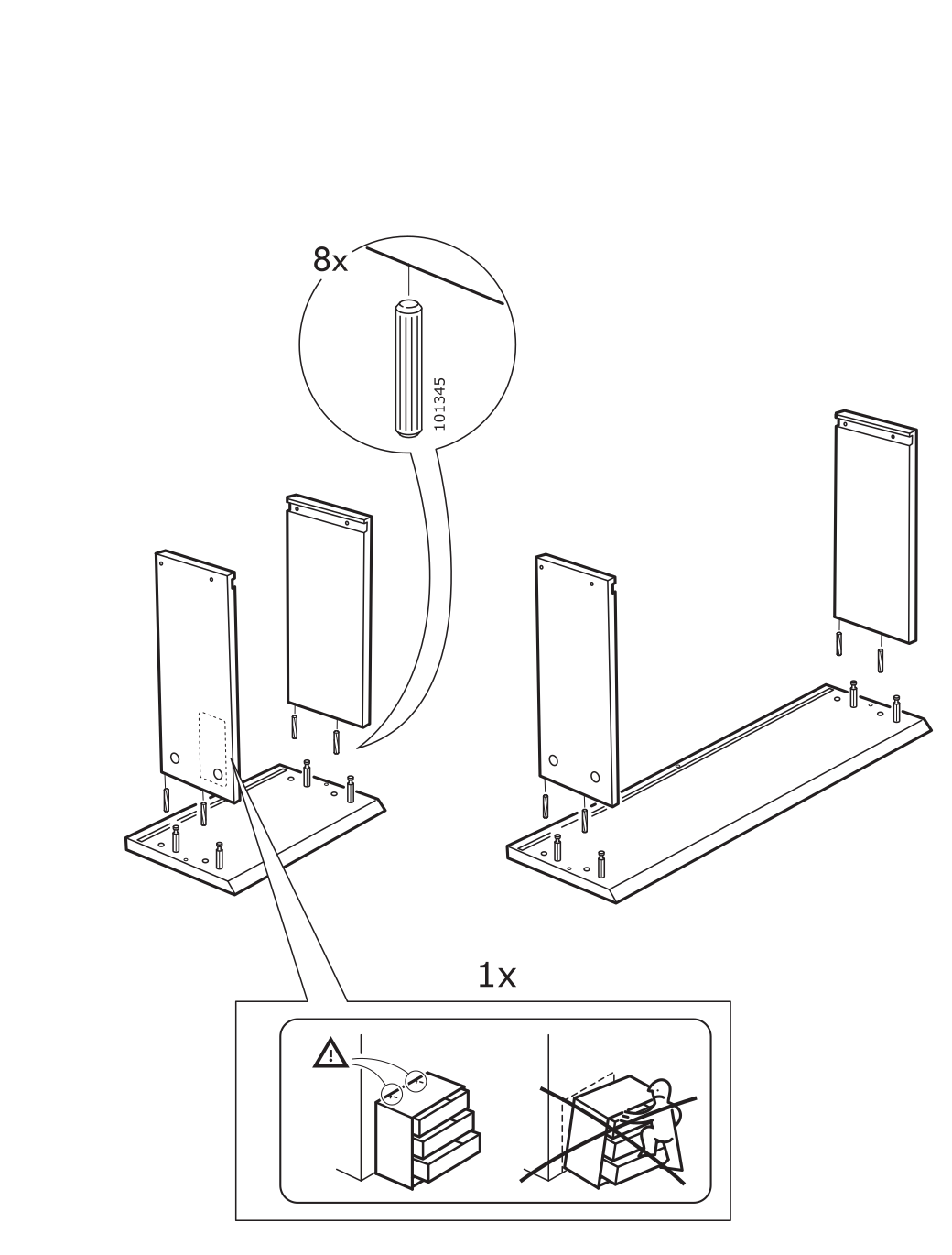 Diagram for step 2: Insert the cylindrical fasteners into the base and attach the upright panels as shown, observing the anti-tip warning.