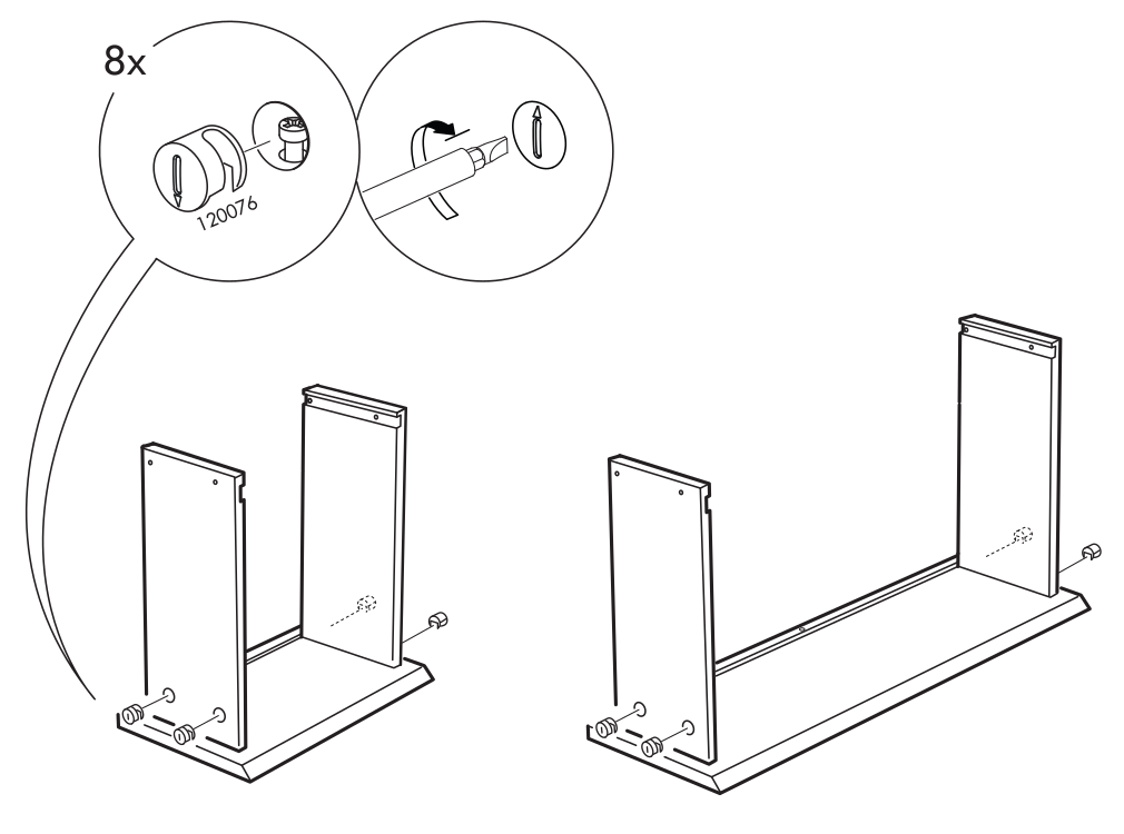 Diagram for step 3: Install and tighten eight 120076 fasteners in the assembled base components, following the detail illustrations.