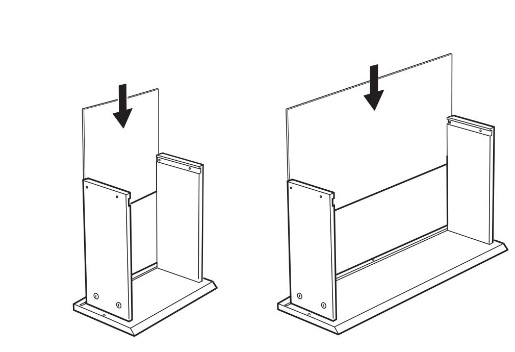 Diagram for step 4: Lower the large panel vertically into the assembled base and side components.
