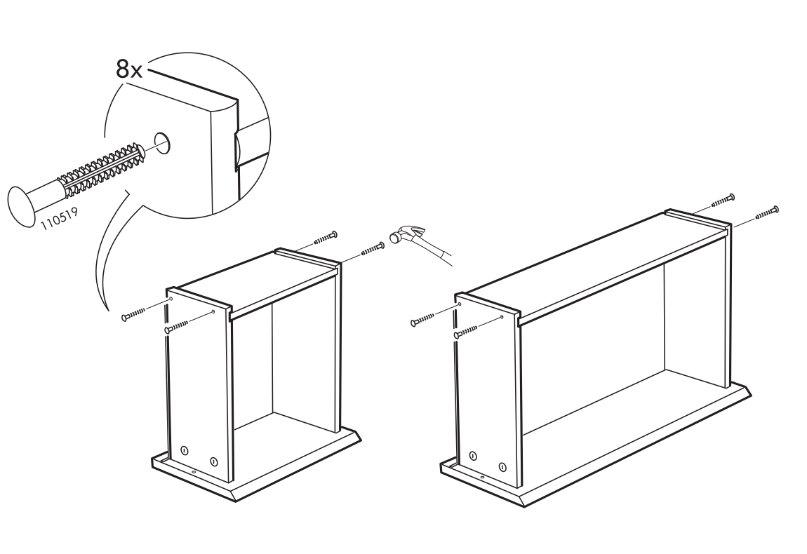 Diagram for step 6: Eight screws are driven into the cabinet assembly using a hammer as shown.