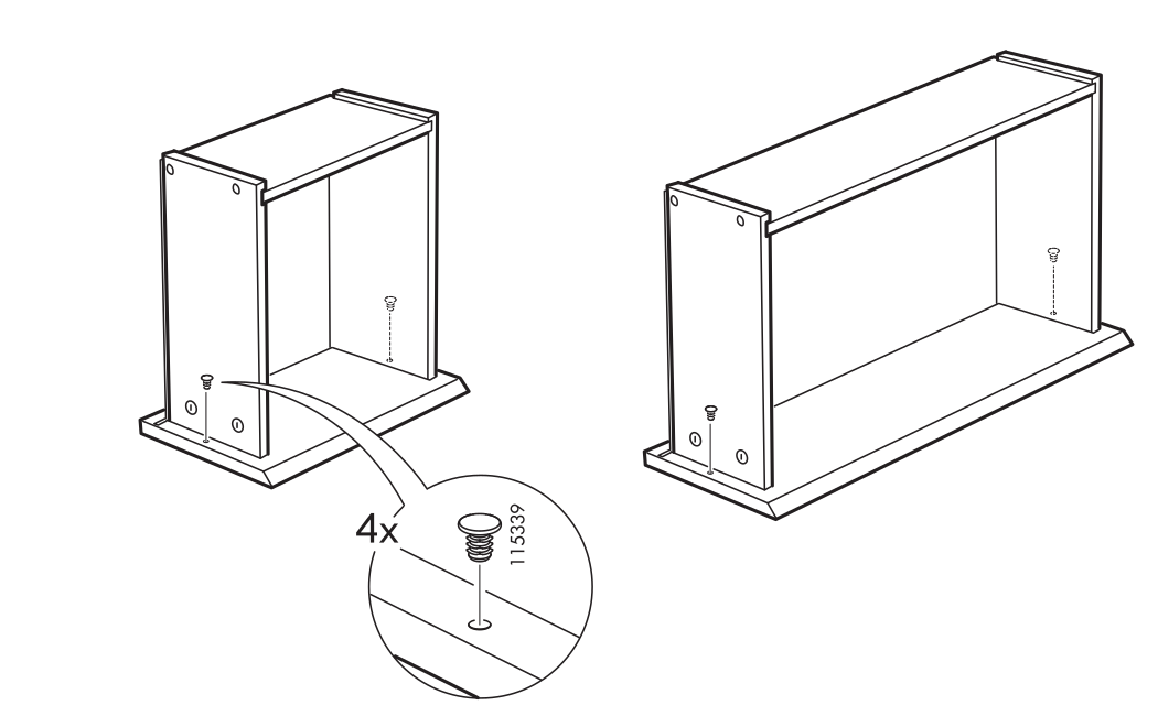 Diagram for step 7: Fasten the cabinet assembly with four screws, as shown in the enlarged detail, and continue with the resulting cabinet configuration.
