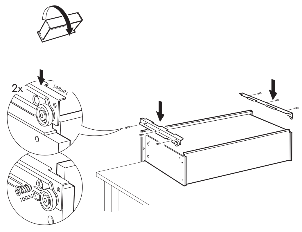 Diagram for step 8: Install the roller hardware and associated rails onto the cabinet assembly, using the indicated screws and pressing the components into place.