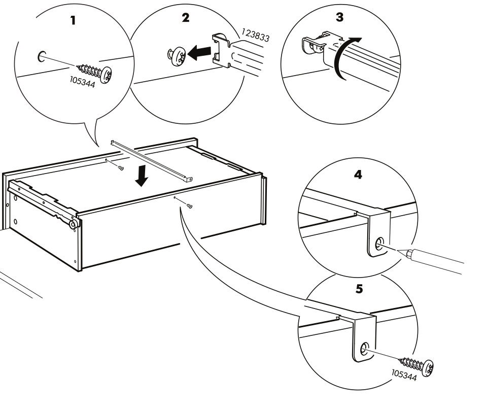 Diagram for step 9: The installer fastens the drawer component, inserts and rotates the fitting, tightens it with a screwdriver, and secures it with screw 105344.
