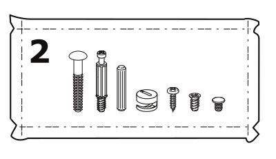 Illustration for assembly note: A dashed hardware-bag illustration labeled 2 contains several types of assembly hardware used for the construction.