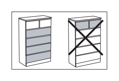 Illustration for safety warning: Shows the correct drawer arrangement with the drawers aligned in the unit, contrasted with an incorrect arrangement marked with a large X.