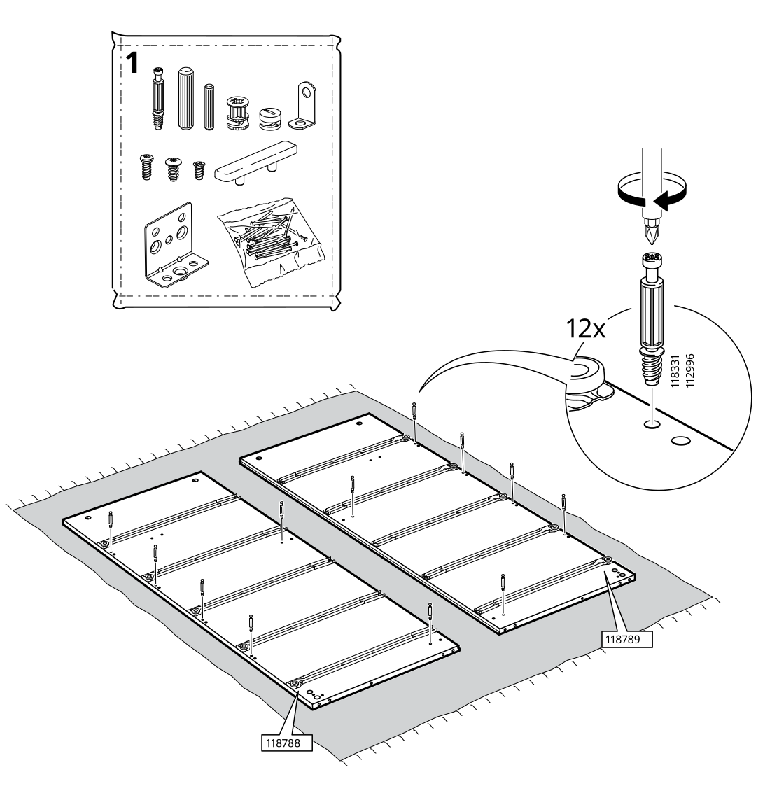 Diagram for step 1: Install the indicated cam fittings and hardware into panels 118788 and 118789.