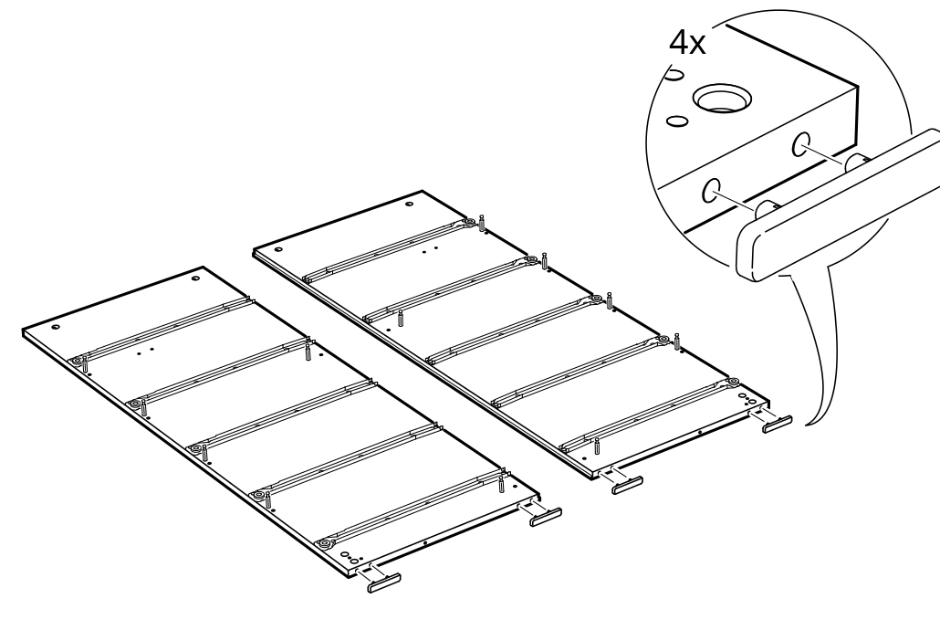 Diagram for step 2: Install four identified fittings onto the prepared drawer panels as shown.