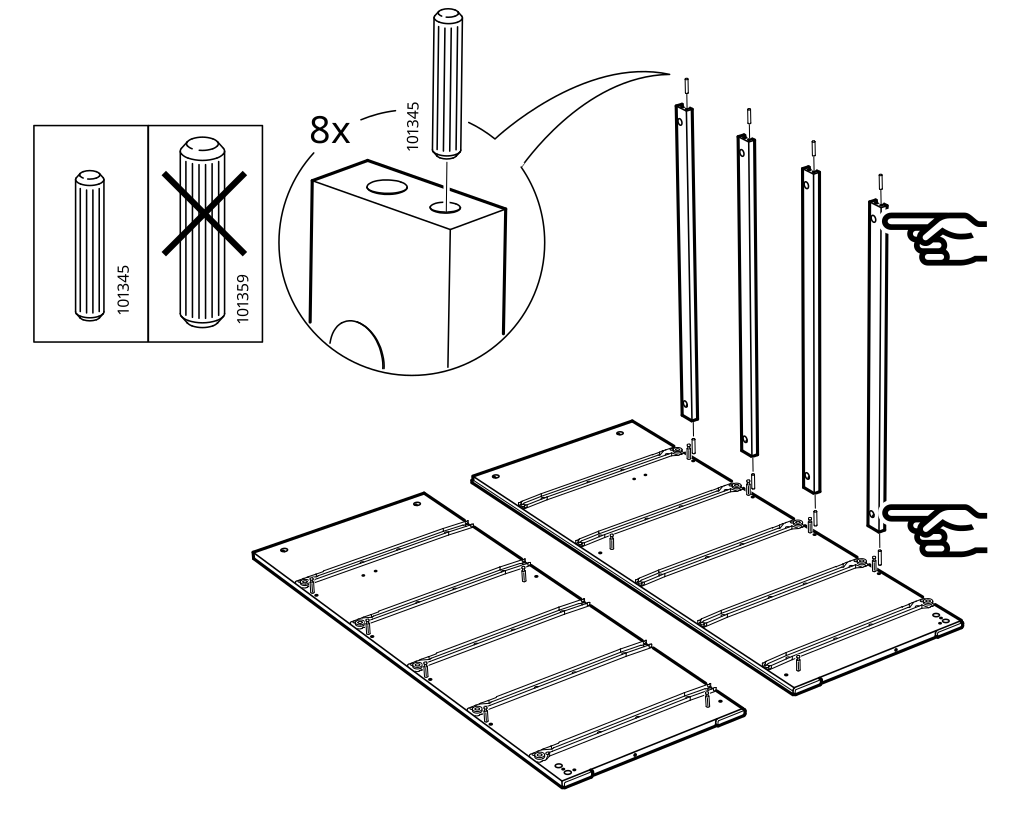 Diagram for step 3: Insert eight 101345 dowels into the panels and attach the four upright rails to the prepared assemblies.