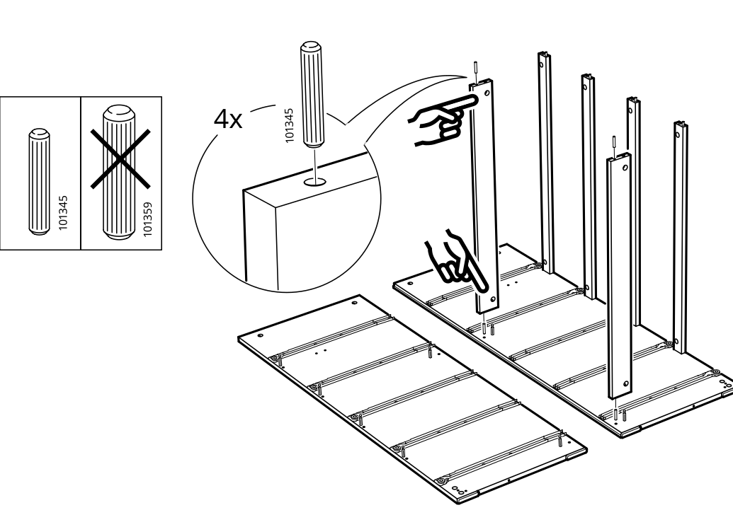 Diagram for step 4: Insert four 101345 cylindrical pins into the indicated holes and assemble the upright panels onto the base panels.