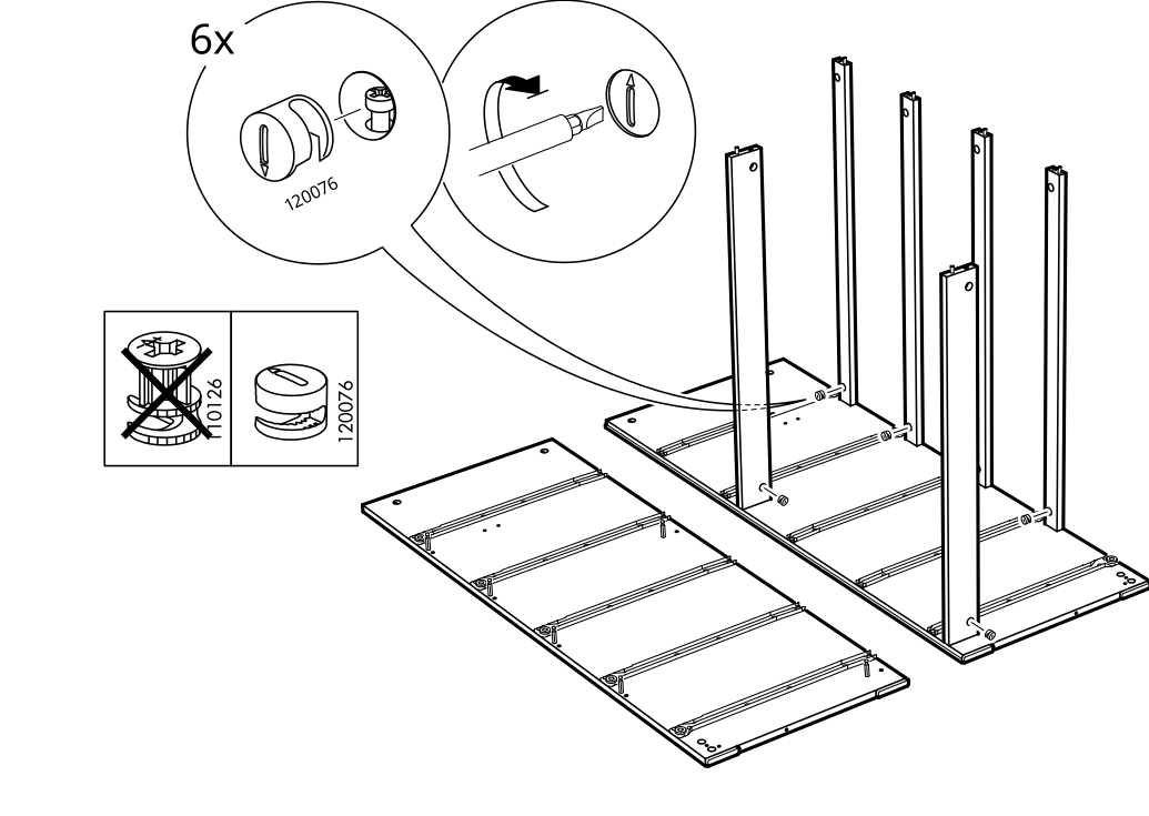 Diagram for step 5: Install six 120076 cam locks in the indicated joints and tighten them with a screwdriver.