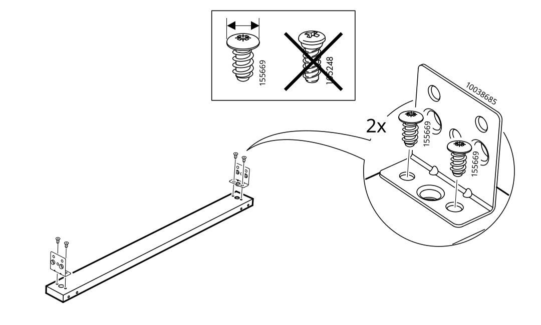 Diagram for step 6: Fasten the brackets to the rail using two screws of the specified type, and do not use the crossed-out screw.