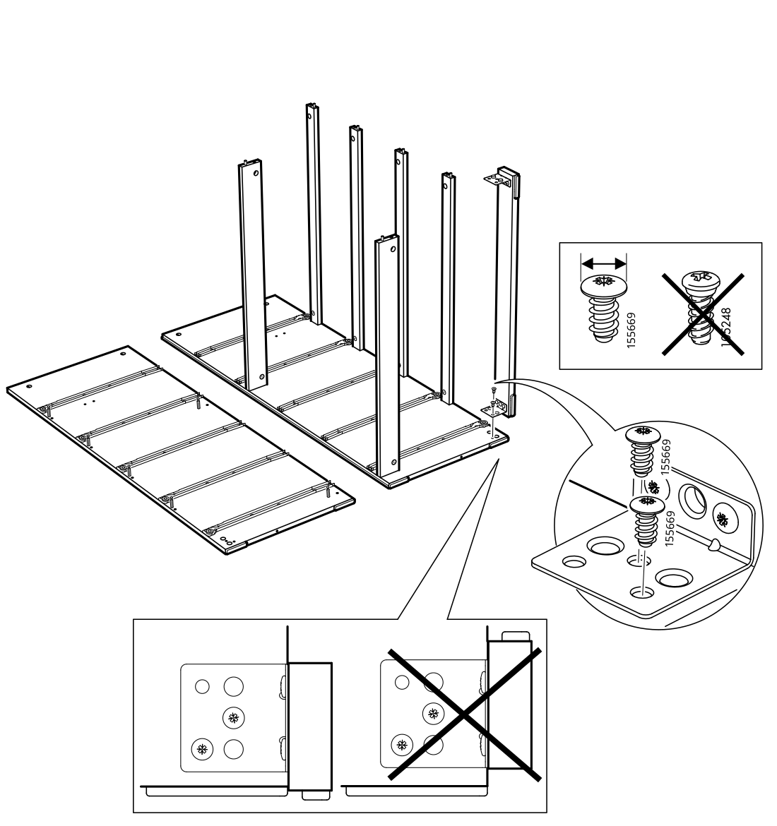 Diagram for step 8: Install the vertical rails and secure the corner brackets using the specified 155669 screws, oriented as shown, while avoiding the incorrect 155248 screw and incorrect bracket orientation.