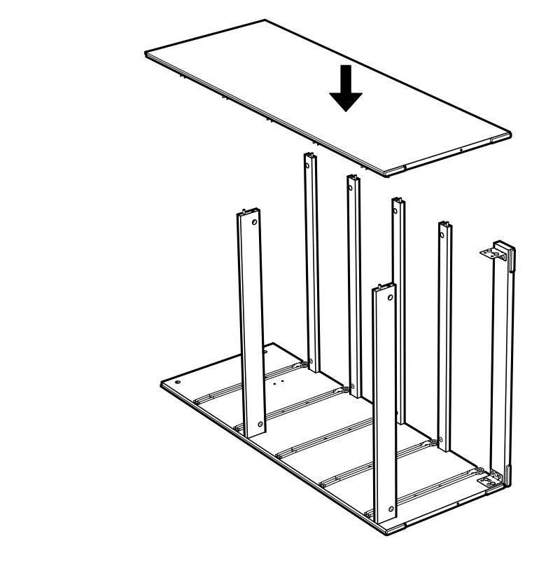 Diagram for step 9: Lower the top panel onto the assembled frame, aligning it with the upright supports and fittings.