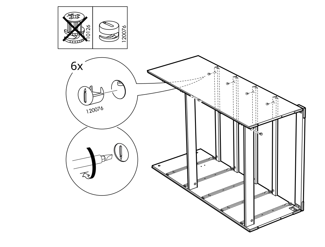 Diagram for step 10: Install six 120076 cam locks in the top panel and rotate them with a screwdriver to secure the top to the frame.