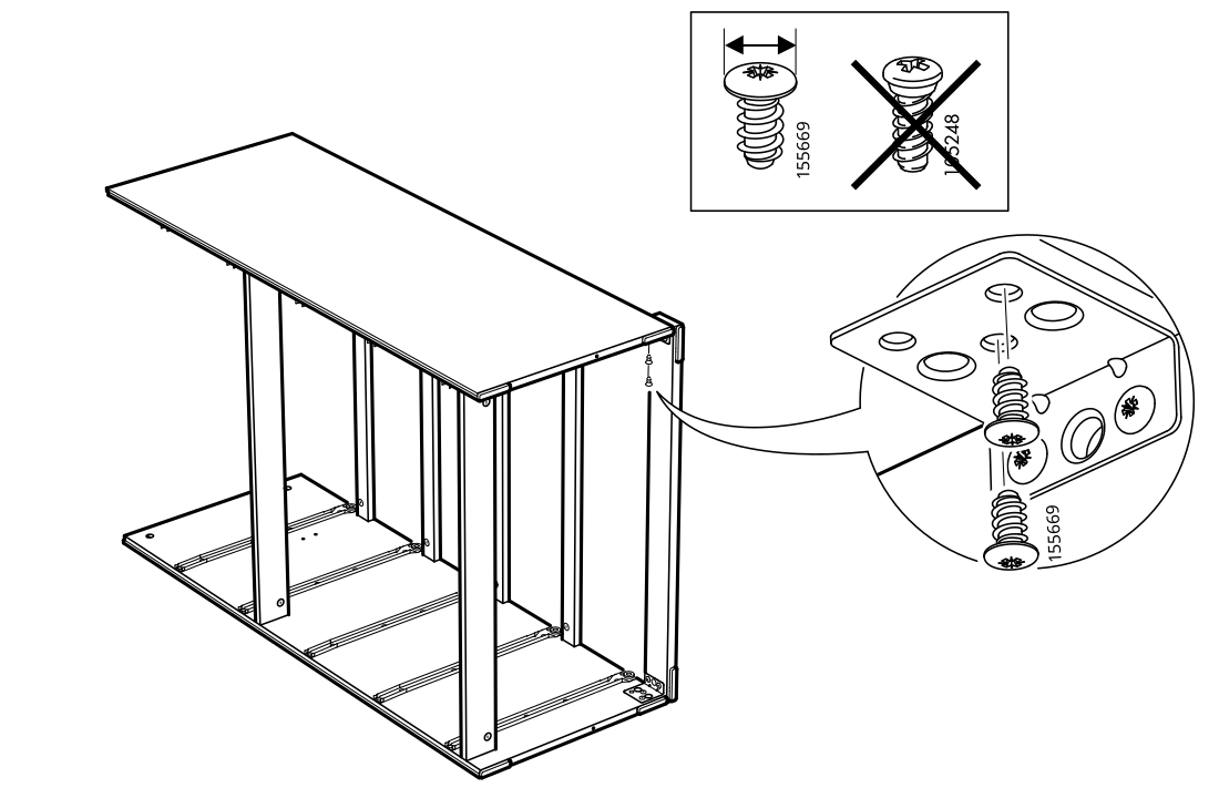 Diagram for step 11: Fasten the tabletop assembly to the frame using the correct 155669 screws, positioned as shown, and do not use the crossed-out 155248 screw.