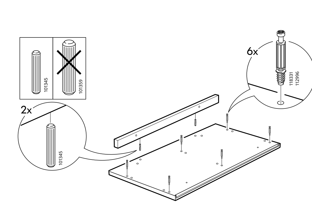 Diagram for step 12: Insert two 101345 dowels and six identified fasteners into the predrilled holes in the panels, using the illustrated orientation.