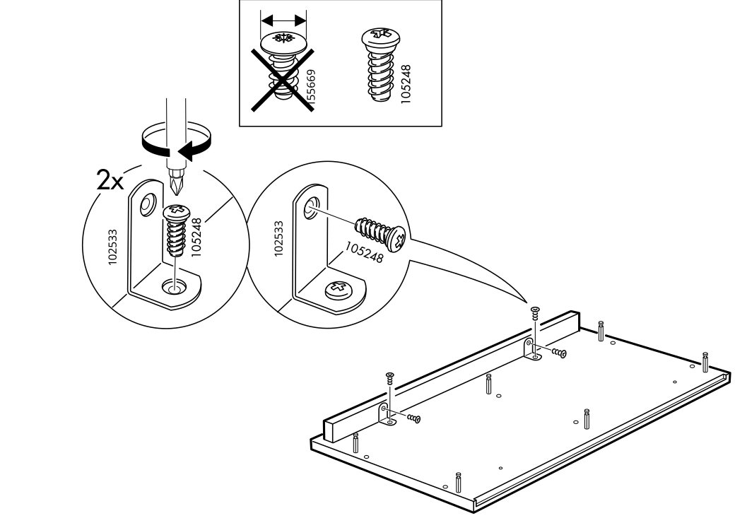 Diagram for step 13: Attach two 102533 brackets to the panel assembly with the correctly oriented 105248 screws.