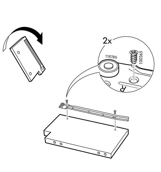 Diagram for step 15: Fastens the rail to the panel with the indicated screws and rotates the panel as shown.