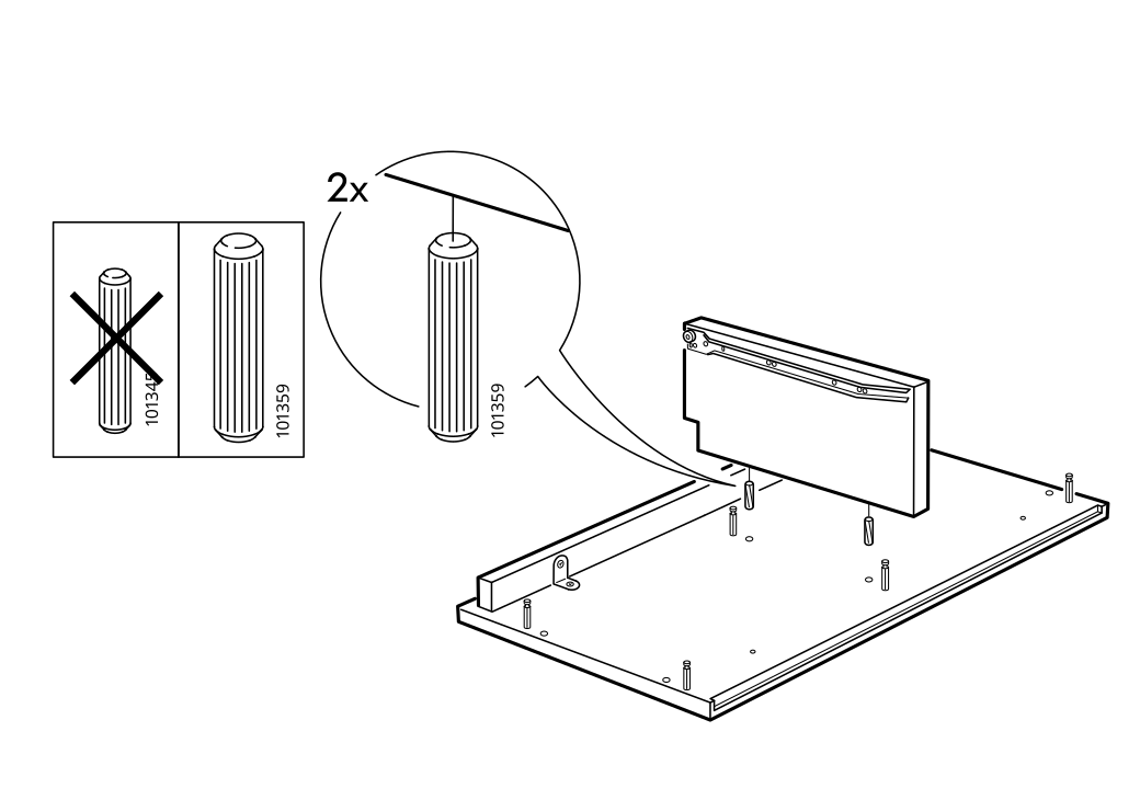 Diagram for step 16: Inserts the correct 101359 cylindrical connectors into the base panel and positions the upright panel for assembly.