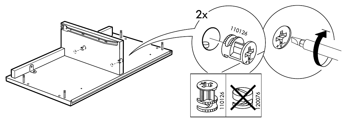 Diagram for step 17: Insert two 110126 fittings into the prepared assembly and turn them with a screwdriver as shown; do not use the crossed-out 120076 fitting.