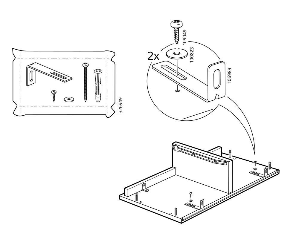 Diagram for step 18: Attach two 106989 brackets to the assembly using the 100823 washers and 100949 screws.