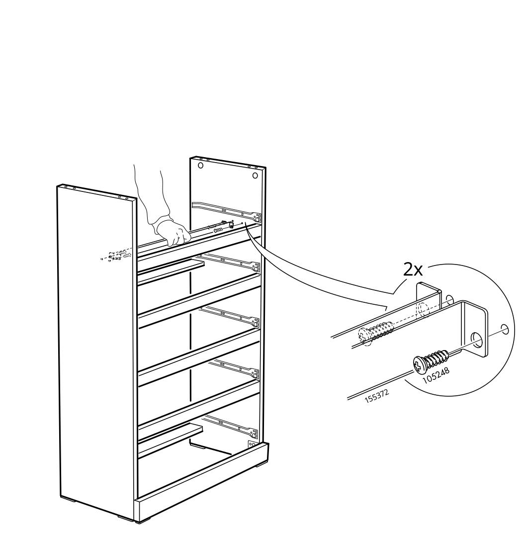 Diagram for step 19: Fit the drawer runner into the cabinet and secure the two indicated sets using the printed hardware 155372 and 105248.