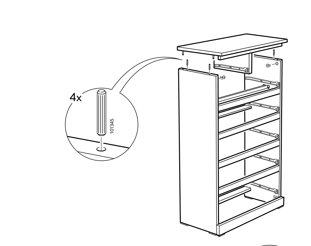 Diagram for step 20: Installs four 101345 dowels and positions the top assembly on the cabinet.