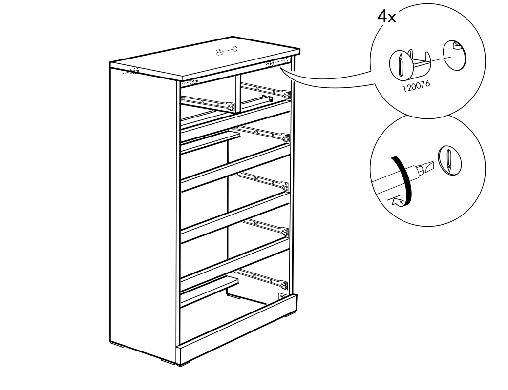 Diagram for step 21: Secure the top panel with four 120076 cam locks, turning them with a screwdriver as shown.