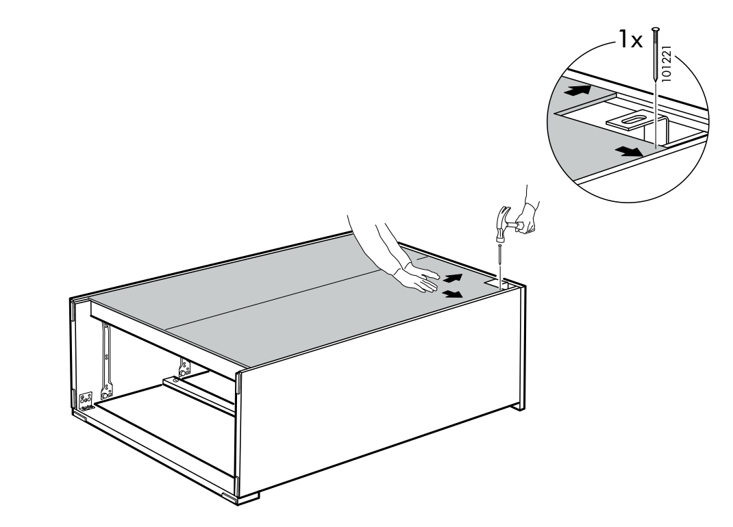 Diagram for step 22: Fasten the top panel to the cabinet using the 101221 screw and a hammer.