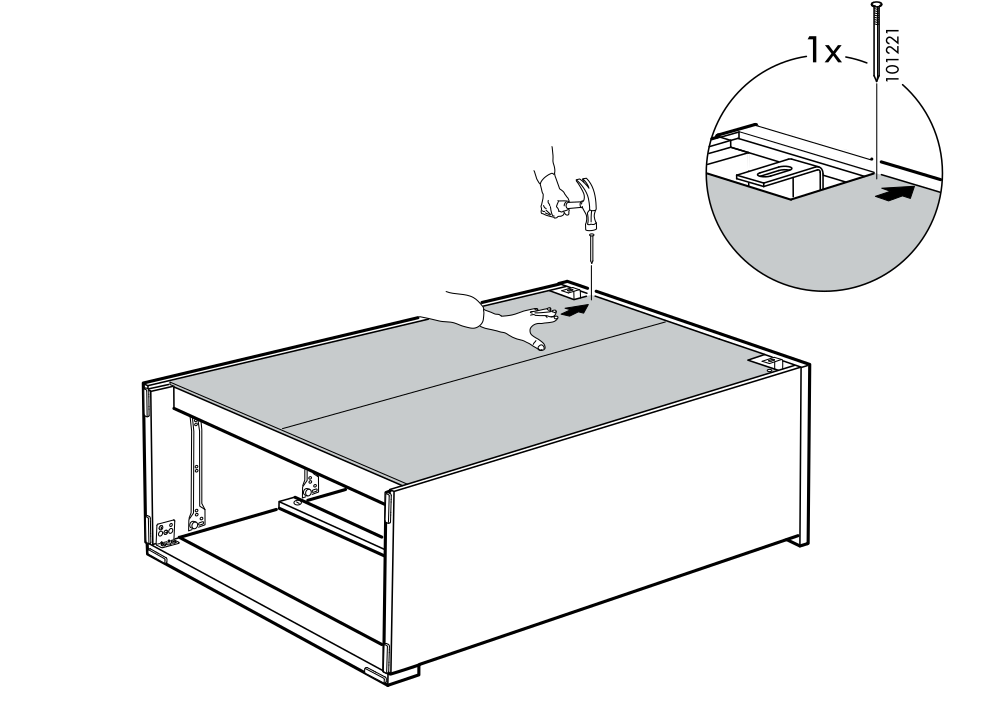 Diagram for step 23: Secure the top panel to the cabinet frame with one screw while holding the panel in position.