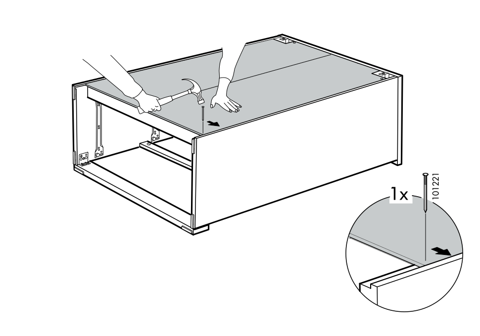 Diagram for step 24: Secure the opposite side of the top panel to the cabinet frame with one screw while pressing the panel down.